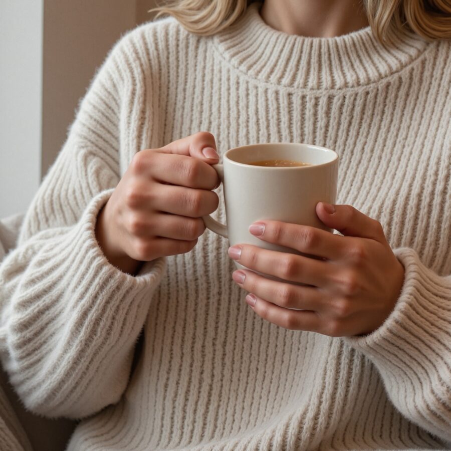 Cozy person in oversized chunky knit sweater holding warm tea by window with soft light