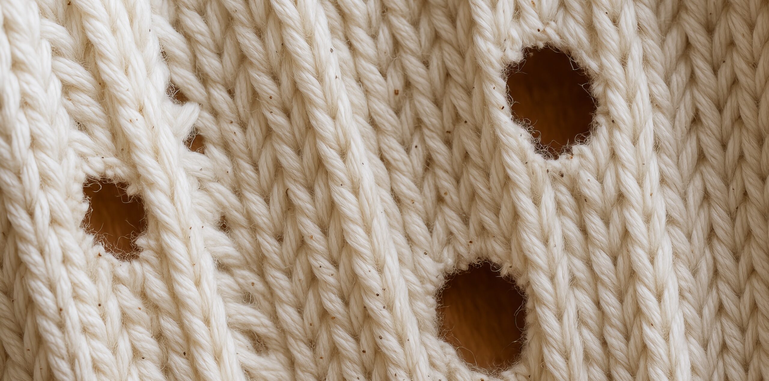 White knitwear with holes caused by moths, close-up