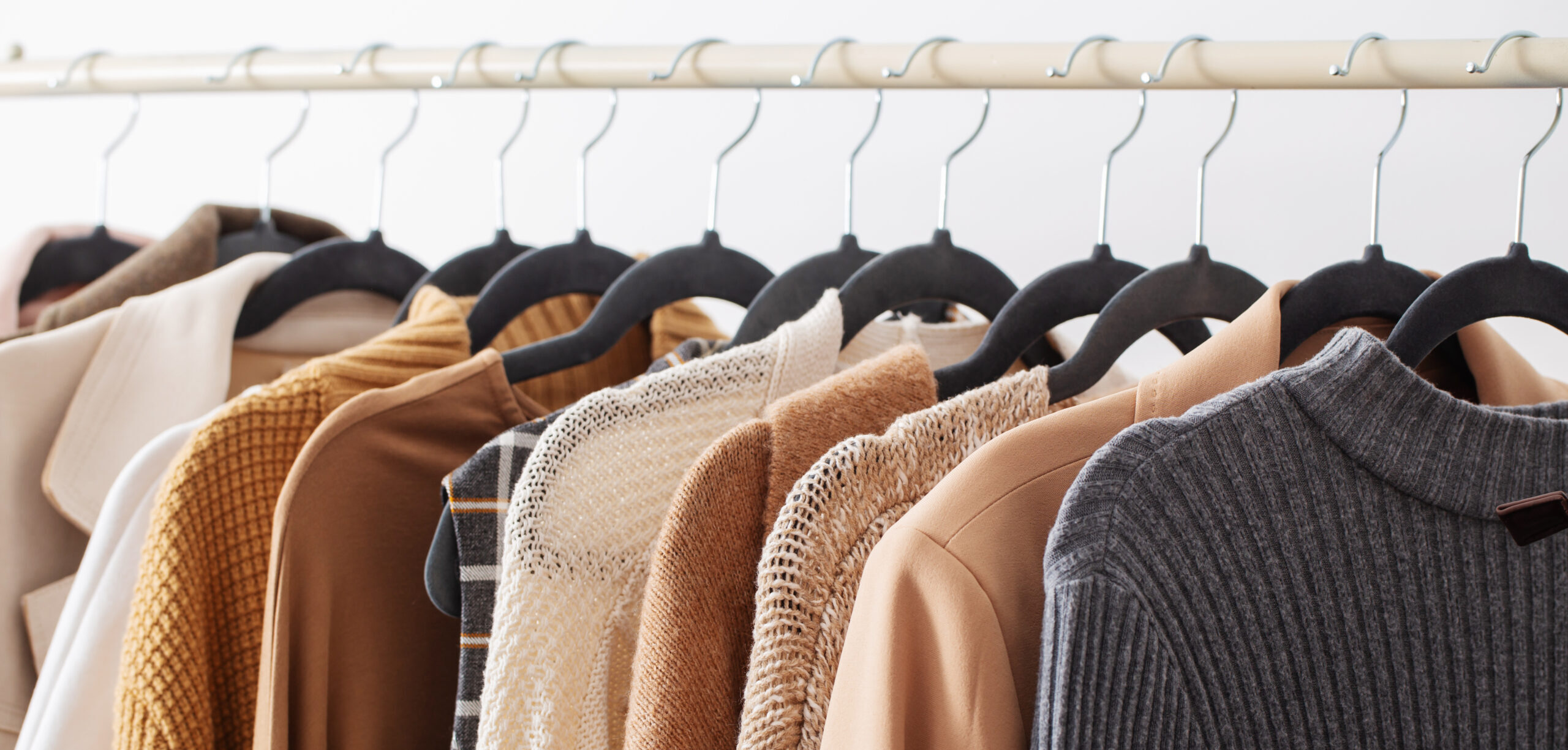 female autumn clothes on hangers in white room